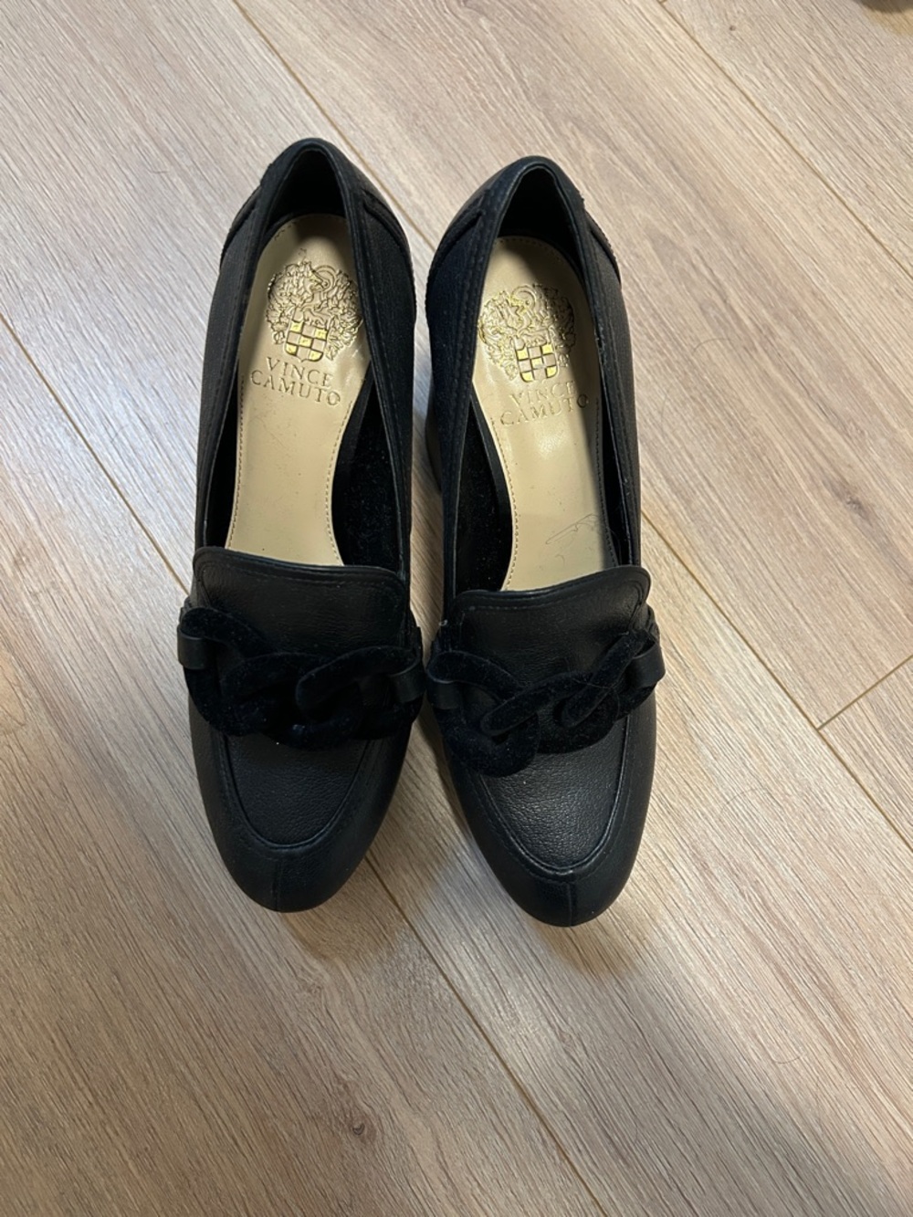 Vince Camuto Black Leather Loafers with Chain Accent